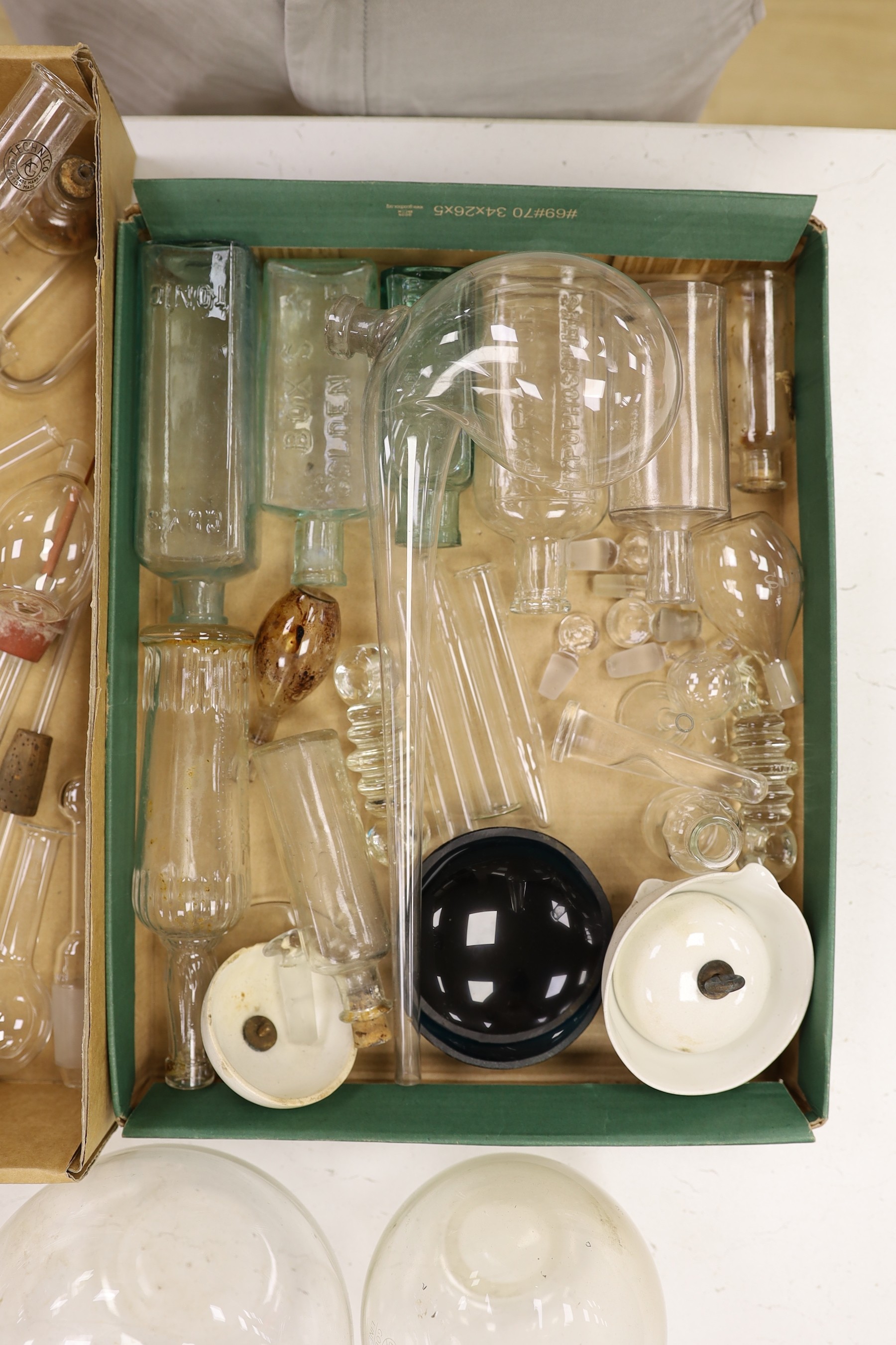 A pre-war chemistry set including stirring sticks, pipettes, tubes and bottles